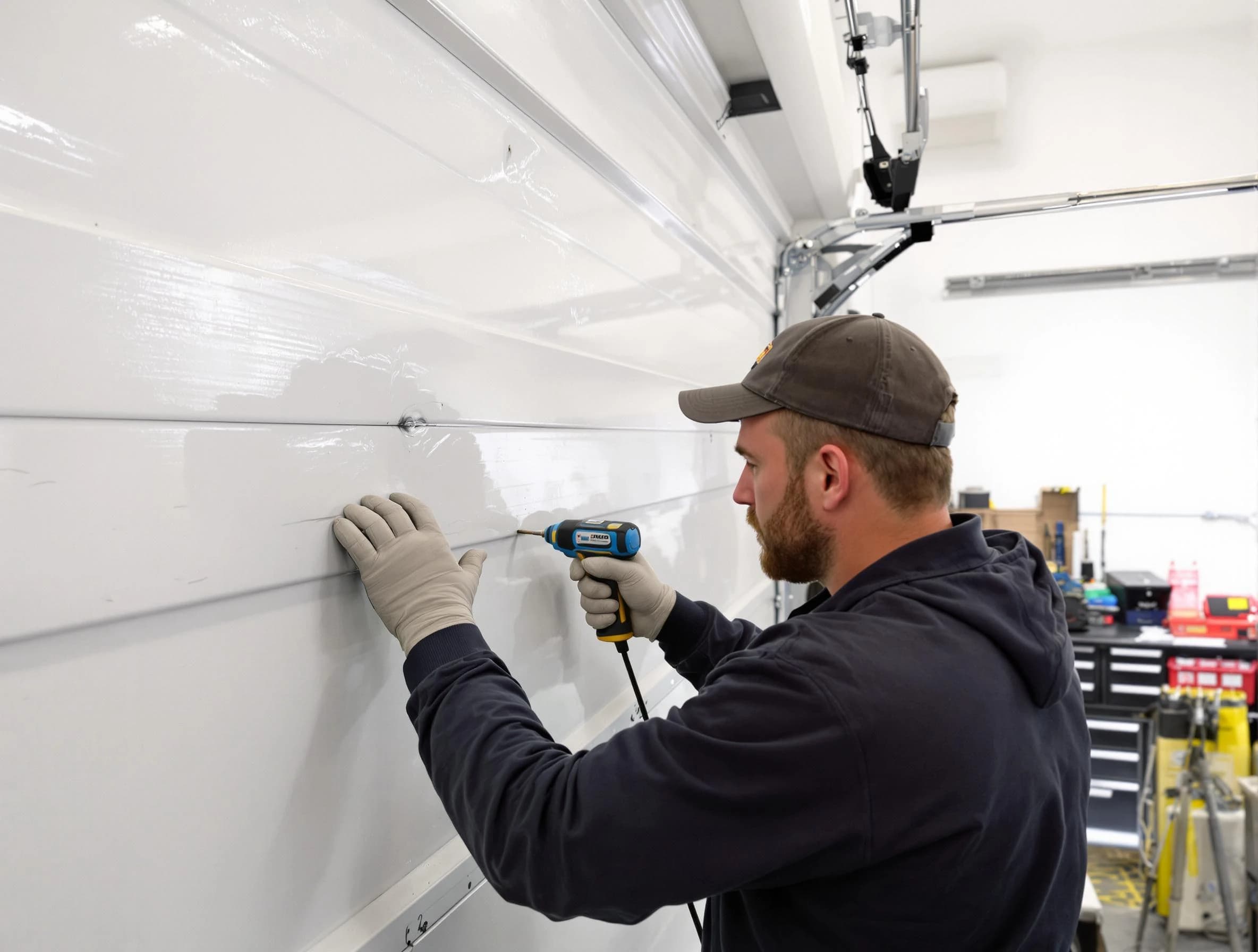 Gallatin Garage Door Repair technician demonstrating precision dent removal techniques on a Gallatin garage door